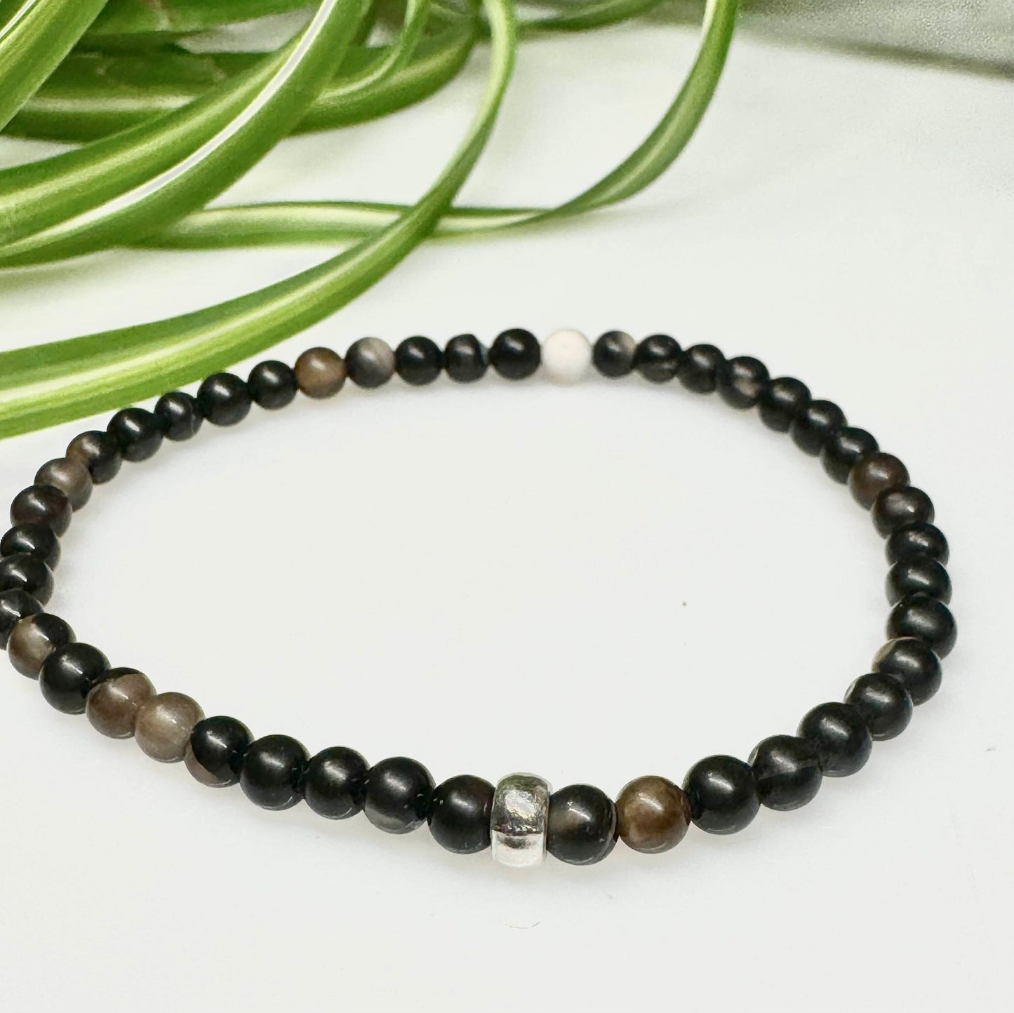 4mm Coffee Agate Beaded Stretch Bracelet with a Silver Bead. Gift for her, gift for him. Self healing gift.