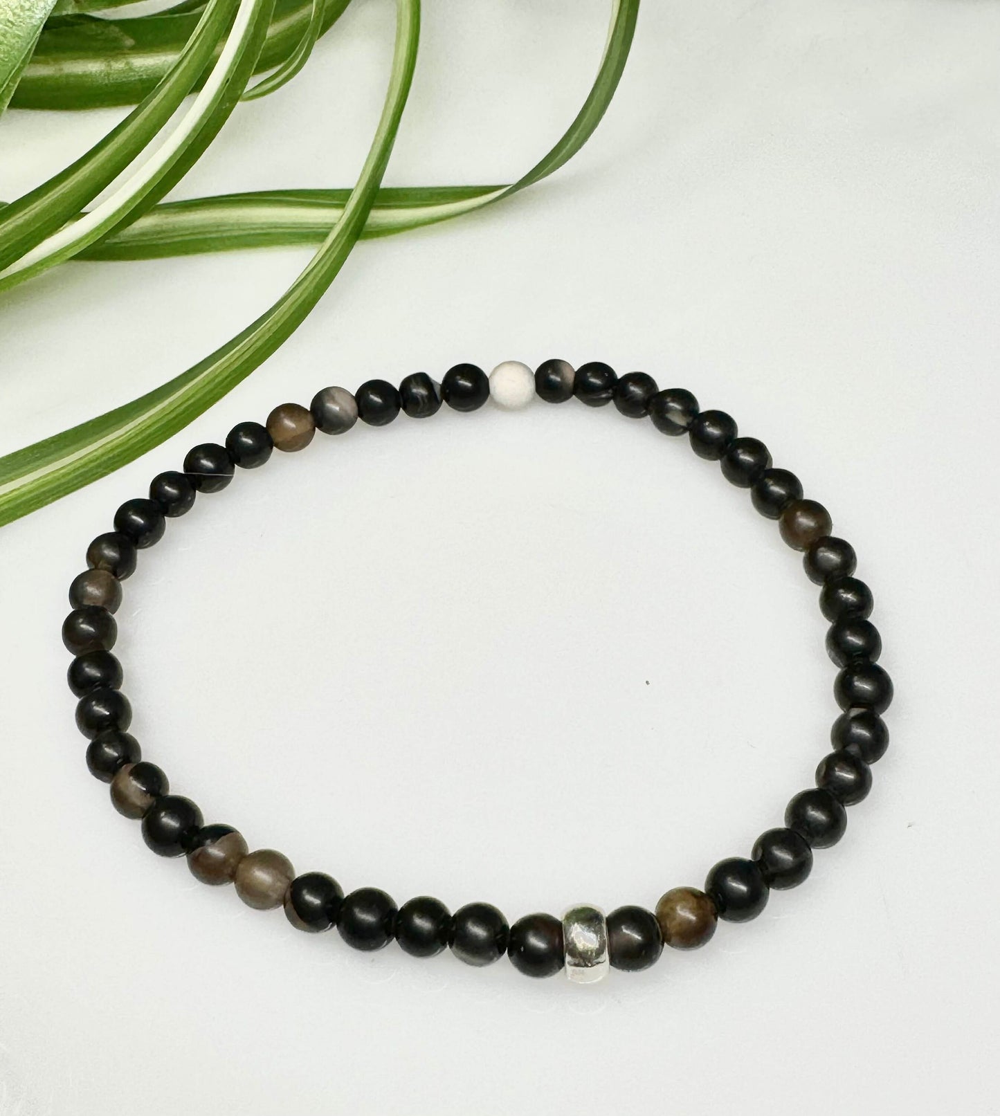 4mm Coffee Agate Beaded Stretch Bracelet with a Silver Bead. Gift for her, gift for him. Self healing gift.