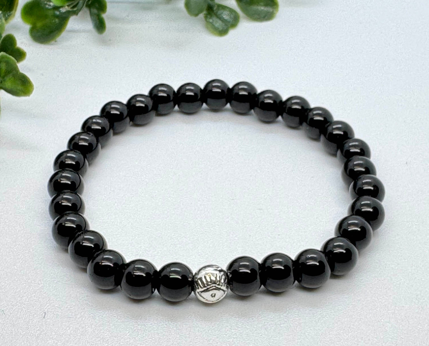 6mm Obsidian Stretchy Bracelet with an Evil Eye Silver Bead. Gift for Him Gift for Her