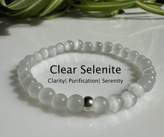 6mm Clear Selenite (Gypsum) Stretch Bracelet with a Silver Spacer. Gift for her, Gift for Him. Healing Crystal.