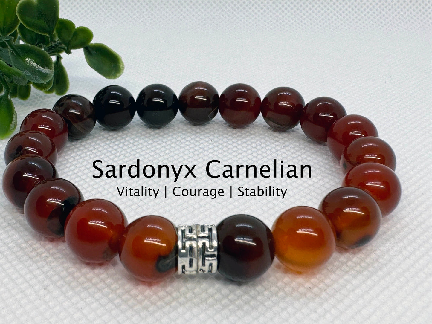 10mm Sardonyx Carnelian Beaded Stretch Bracelet with a Silver Spacer.