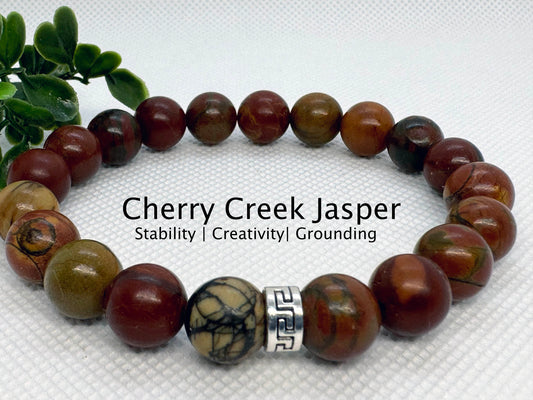Cherry Creek Jasper Beaded Stretch Bracelet with a Silver Spacer.