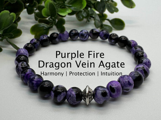 6mm Purple Fire Dragon Vein Agate Beaded Stretchy Bracelet with a Silver Bead. Gift for Him. Gift for her.