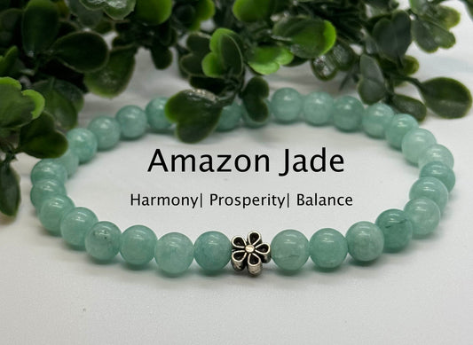 6mm Amazon Jade Beaded Stretch Bracelet with flower a Silver Bead. (Amazonite) Gift for Him. Gift for Her.