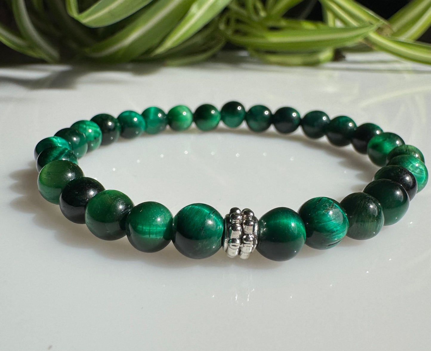 6mm Green Tiger's Eye Beaded Stretch Bracelet with a Silver Bead. Gift for Her. Gift for Him.