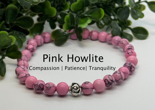 6mm Pink Howlite Beaded Stretch Bracelet with a Flower Silver Bead. Gift for Her. Gift for Him.