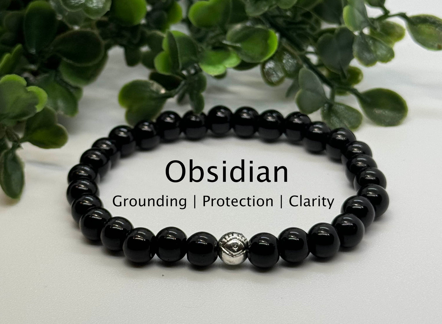 6mm Obsidian Stretchy Bracelet with an Evil Eye Silver Bead. Gift for Him Gift for Her