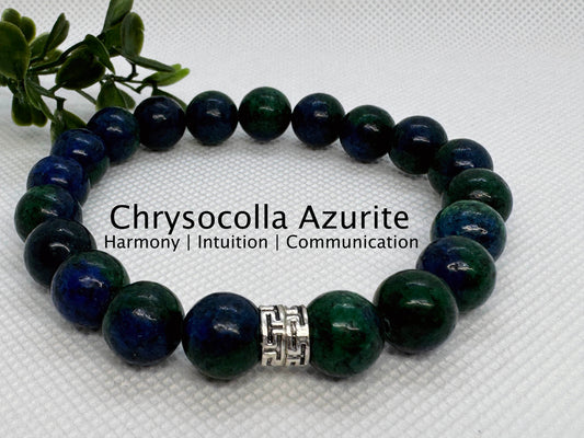 10mm Chrysocolla Azurite Beaded Stretch Bracelet with a Silver Spacer.