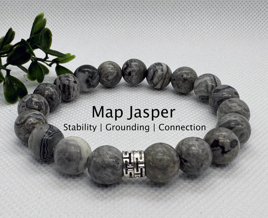 10mm Map Jasper Beaded Stretch Bracelet with a Silver Spacer.