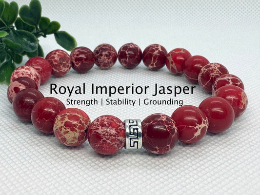 10mm Royal Imperial Jasper Beaded Stretch Bracelet with a Silver Spacer.