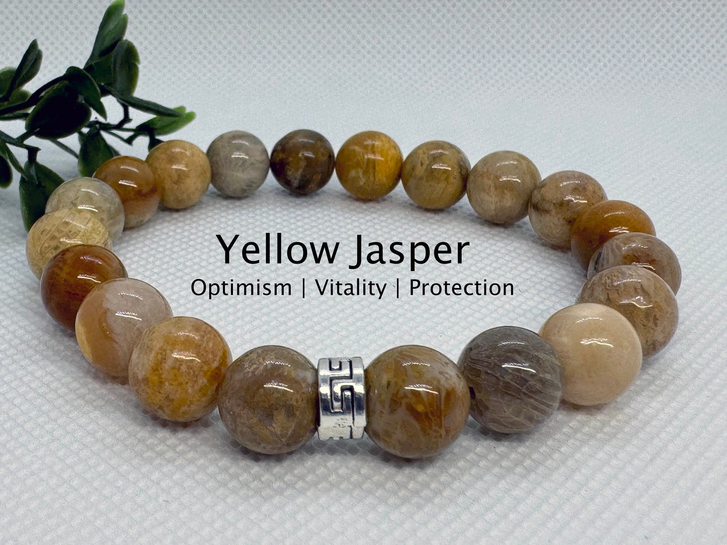 10mm Yellow Jasper Beaded Stretch Bracelet with a Silver Spacer.