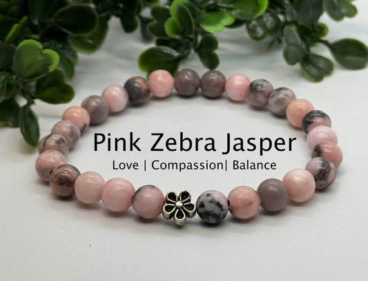 6mm Pink Zebra Jasper Stretchy Bracelet with a Flower Silver Bead. Gift For Her