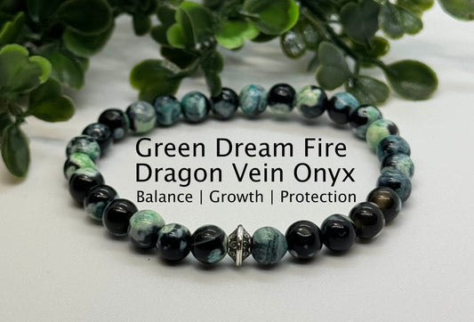 6mm Green Dream Fire Dragon Vein Agate Stretchy Bracelet with a Silver Bead. Gift for Him. Gift for her.