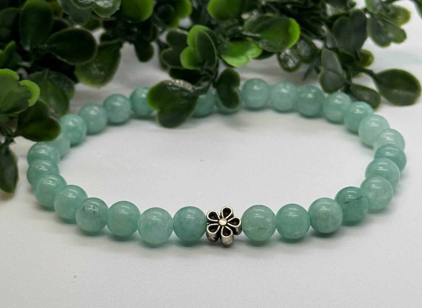 6mm Amazon Jade Beaded Stretch Bracelet with flower a Silver Bead. (Amazonite) Gift for Him. Gift for Her.