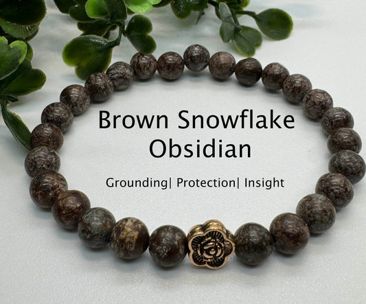 6mm Brown Snowflake Obsidian 6mm Stretchy Bracelet with a Copper Flower Bead. Gift for Her. Gift for Him.