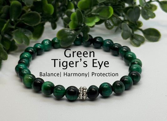 6mm Green Tiger's Eye Beaded Stretch Bracelet with a Silver Bead. Gift for Her. Gift for Him.