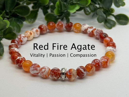 6mm Red Fire Agate 6mm Beaded Stretch Bracelet with a Silver Bead. Gift for Her. Gift for Him.