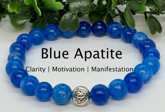 8mm Blue Apatite Beaded Gemstone Stretch Bracelet with a Lotus Silver Bead.