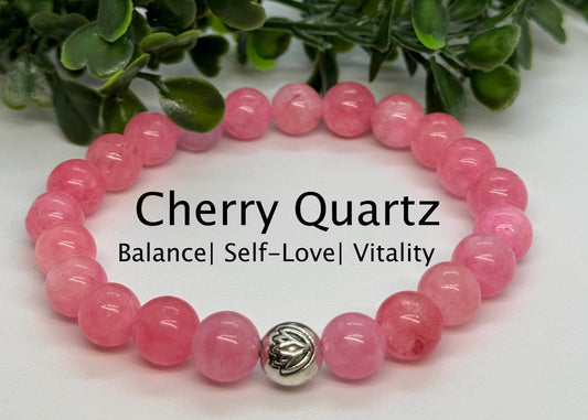 8mm Cherry Quartz 8mm Stretchy Gemstone with a Silver Lotus Bead.