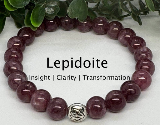 8mm Lepidolite Beaded Stretch Bracelet with a Lotus Silver Bead.