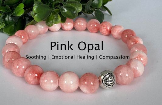 8mm Pink Opal Gemstone Stretchy Bracelet with a Lotus Silver Bead.