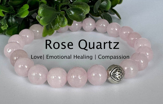 8mm Rose Quartz 8mm Gemstone Stretchy Bracelet with a Lotus Silver Bead.