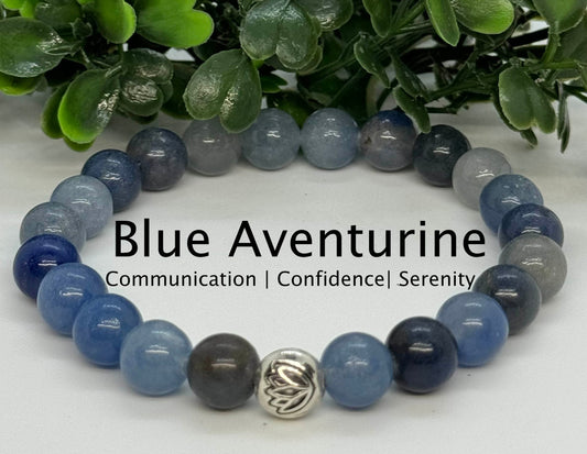 8mm Blue Aventurine Beaded Stretch Bracelet with a Lotus Silver Bead.