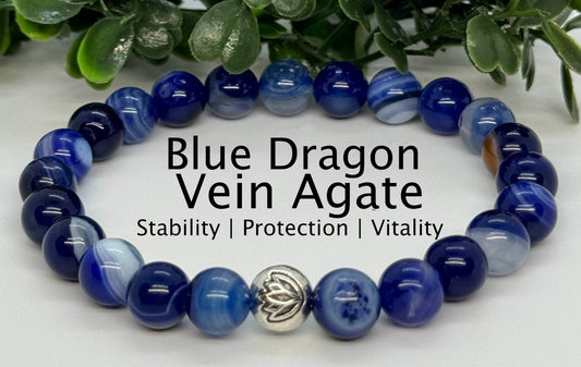 8mm Blue Dragon Vein Agate Beaded Stretch Bracelet with a Lotus Silver Bead.