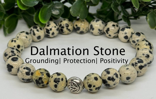 8mm Dalmatian Stone Beaded Stretch Bracelet with a Lotus Silver Bead.