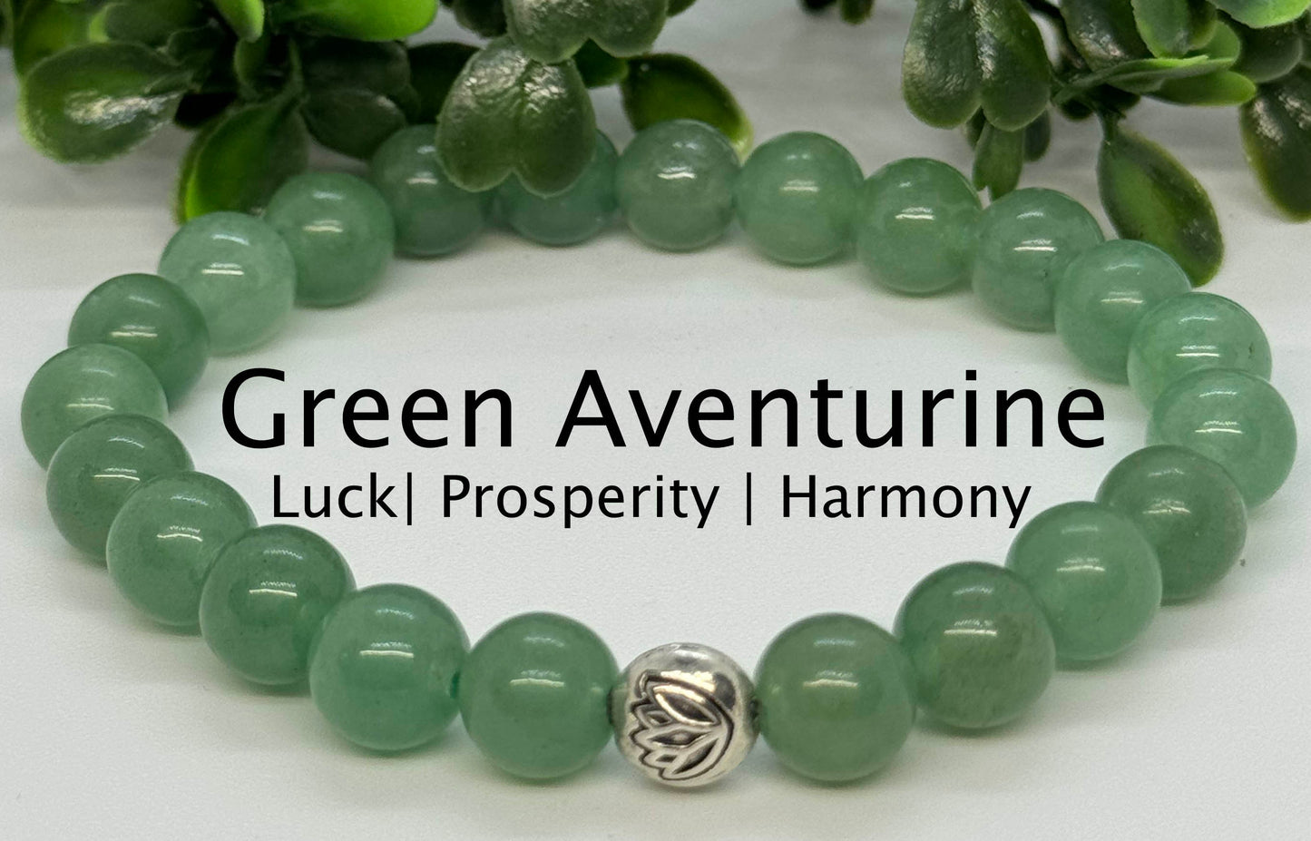 8mm Green Aventurine Beaded Gemstone Stretch Bracelet with a Lotus Silver Bead.