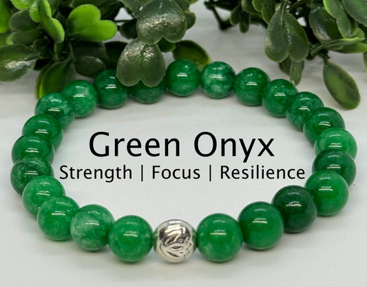 Green Onyx 8mm Gemstone Stretchy Bracelet with a Lotus Silver Bead.