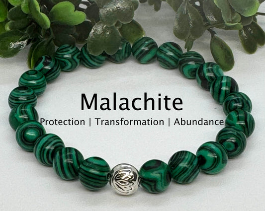 8mm Green Malachite Gemstone Stretchy Bracelet with a Lotus Silver Bead.