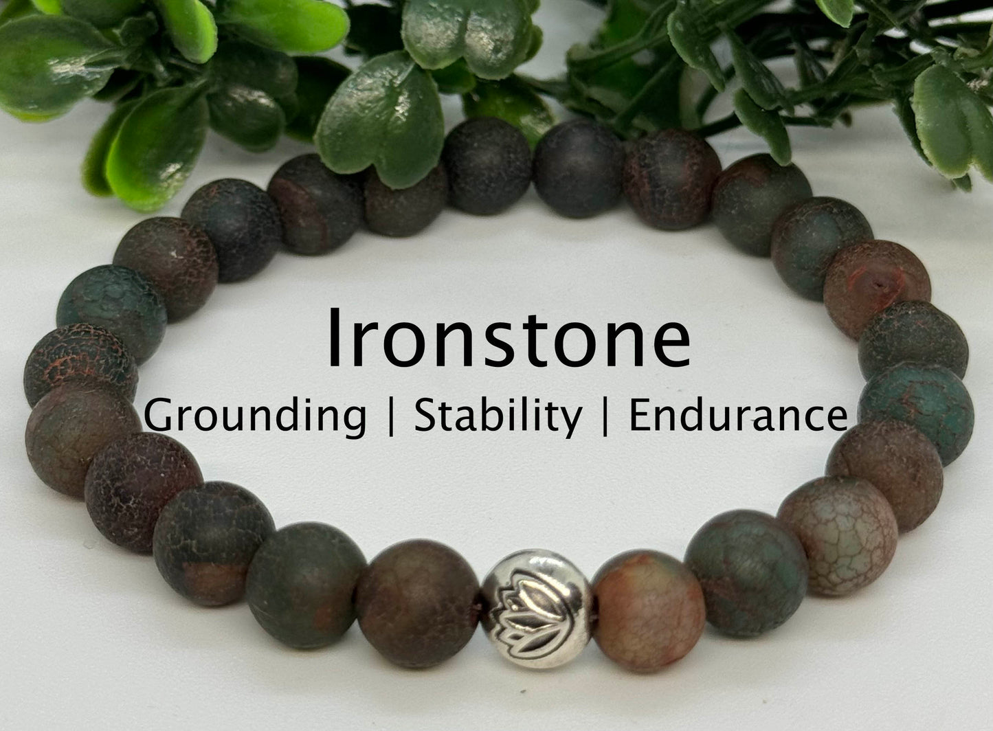 8mm Ironstone Concretion Beaded Stretch Bracelet with a Lotus Silver Bead.