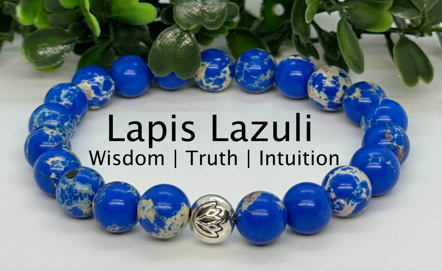 8mm Lazulite Beaded Stretch Bracelet with a Lotus Silver Bead.