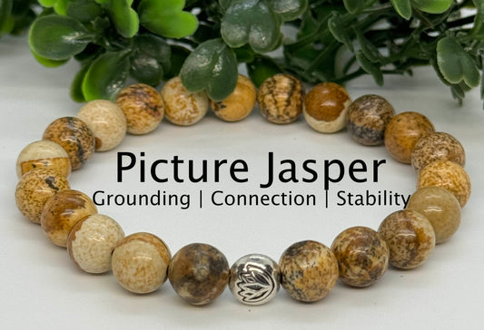 8mm Picture Jasper Beaded Stretch Bracelet with a Lotus Silver Bead.
