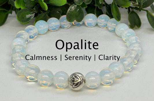 8mm Sea Opal Opalite Beaded Stretch Bracelet with a Lotus Silver Bead.