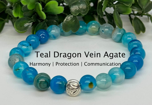 8mm Teal Dragon Vein Agate Beaded Stretch Bracelet with a Lotus Silver Bead.