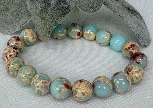 Aqua Terra Jade 10mm stretch beaded bracelet. Gift for him, gift for her. Vitality, Balance, Grounding. Vitality, Balance, Grounding.