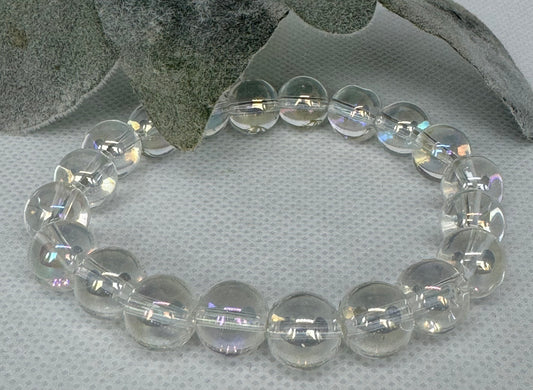 Aura Quartz 10mm stretch beaded bracelet. Gift for him, gift for her. Harmony,  Amplification, Connection.