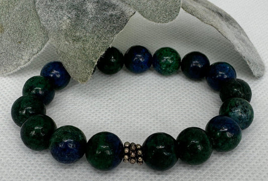 Azurite 10mm stretch beaded bracelet with silver spacer. Gift for him, gift for her. Intuition, Insight, Clarity.