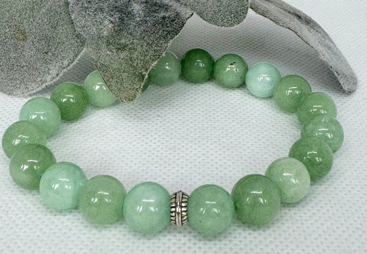 Green Aventurine 10mm Beaded Gemstone Stretch Bracelet with a Silver Spacer. Gift for her, gift for him. Luck, Growth, Prosperity.