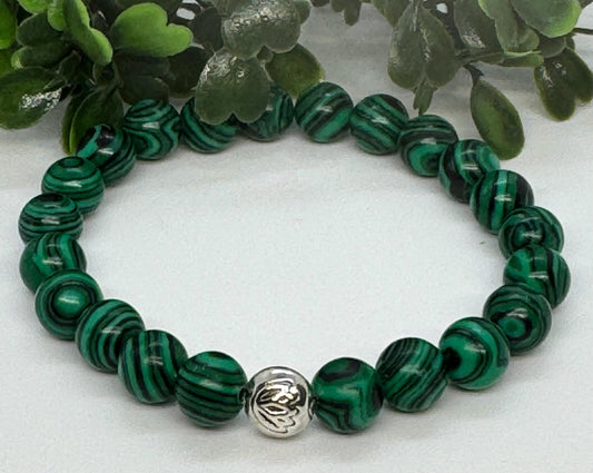 Green Malachite 8mm Gemstone Stretchy Bracelet with a Lotus Silver Bead. Protection, Transformation, Abundance.