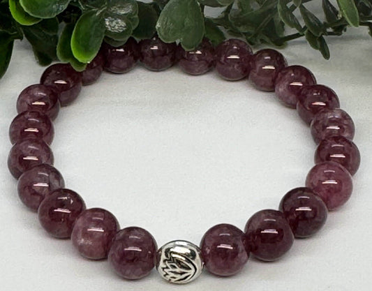 Lepidolite Beaded Stretch Bracelet with a Lotus Silver Bead. Insight, Clarity, Transformation.