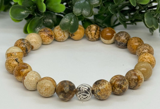 Picture Jasper Beaded Stretch Bracelet with a Lotus Silver Bead. Grounding, Connection, Stability.