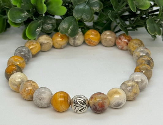 Mixing Jasper Beaded Stretch Bracelet with a Lotus Silver Bead. Grounding, Creativity, Balance.