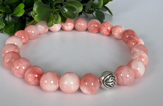 Pink Opal 8mm Gemstone Stretchy Bracelet with a Lotus Silver Bead. Soothing, Emotional Healing, Compassion.