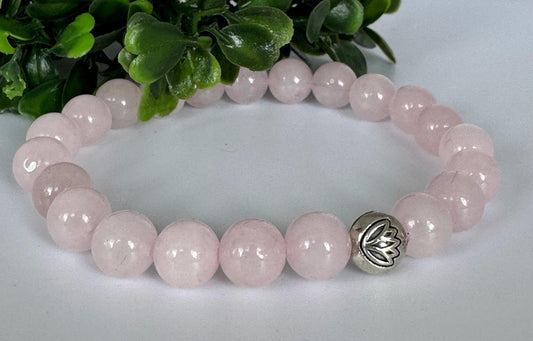 Rose Quartz 8mm Gemstone Stretchy Bracelet with a Lotus Silver Bead. Love, Emotional Healing, Compassion.