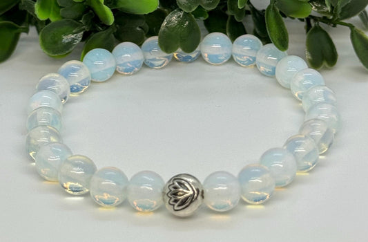 Sea Opal Opalite Beaded Stretch Bracelet with a Lotus Silver Bead. Calmness, Serenity, Clarity.