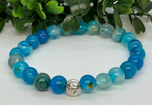 Teal Dragon Vein Agate Beaded Stretch Bracelet with a Lotus Silver Bead. Harmony, Protection, Communication.