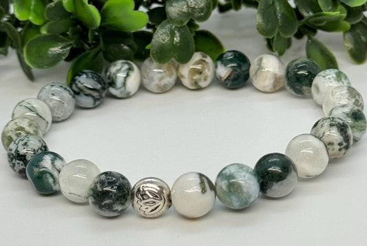 Tree Agate Beaded Stretch Bracelet with a Lotus Silver Bead. Growth, Stability, Connection.